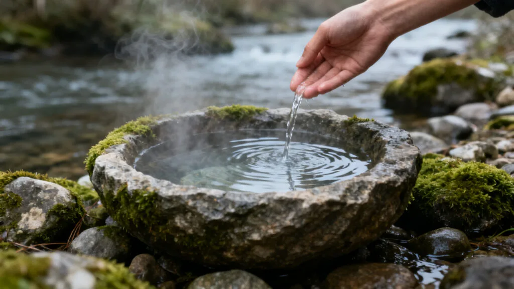 Mélange eau chaude et eau froide dans une vasque corse