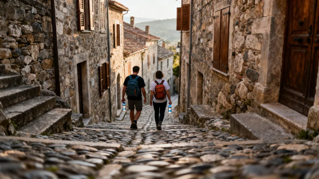 Ruelle pavée en pente avec promeneurs et dénivelé sensible