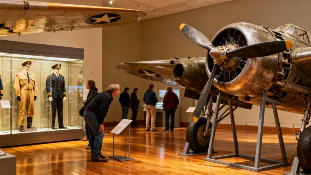 Salle de musée d’aviation avec pièces et uniformes WW2