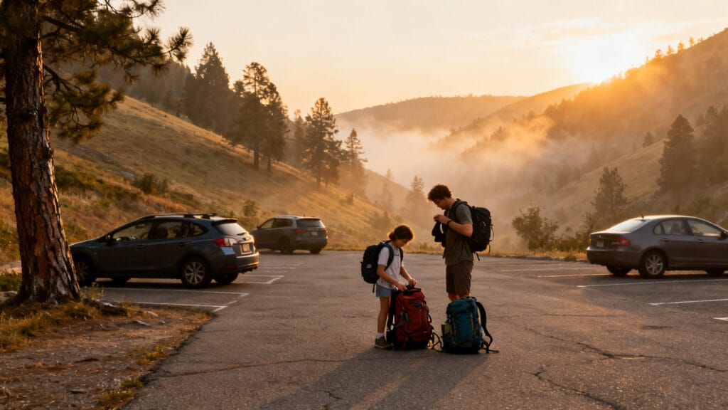 Parking des gorges d'Héric le matin, prêt pour la rando
