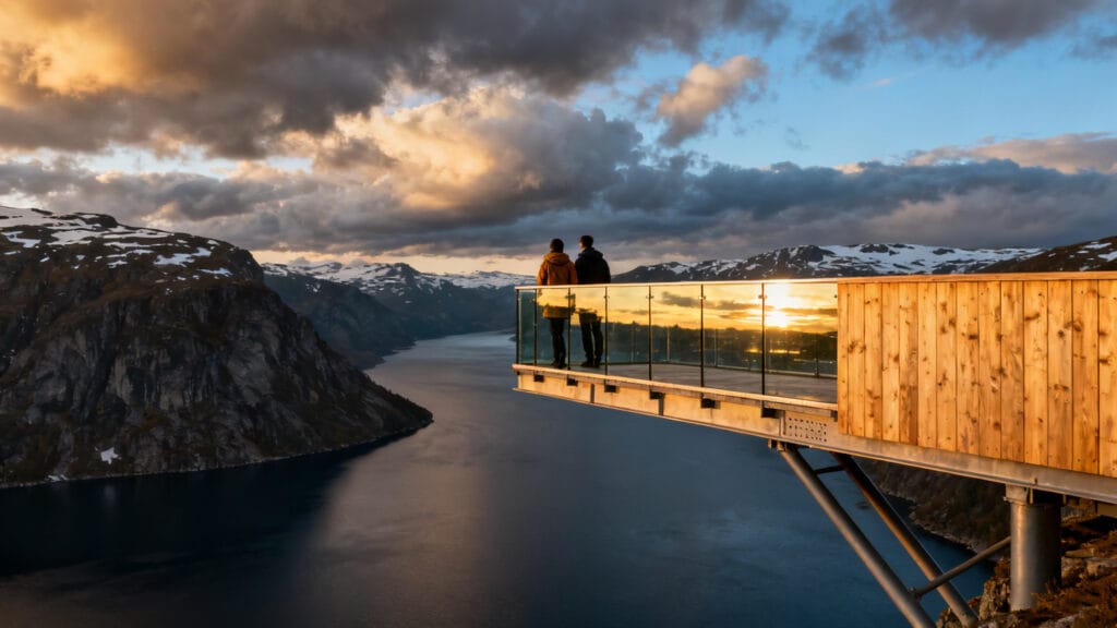Belvédère suspendu au-dessus d’un fjord, rambarde vitrée