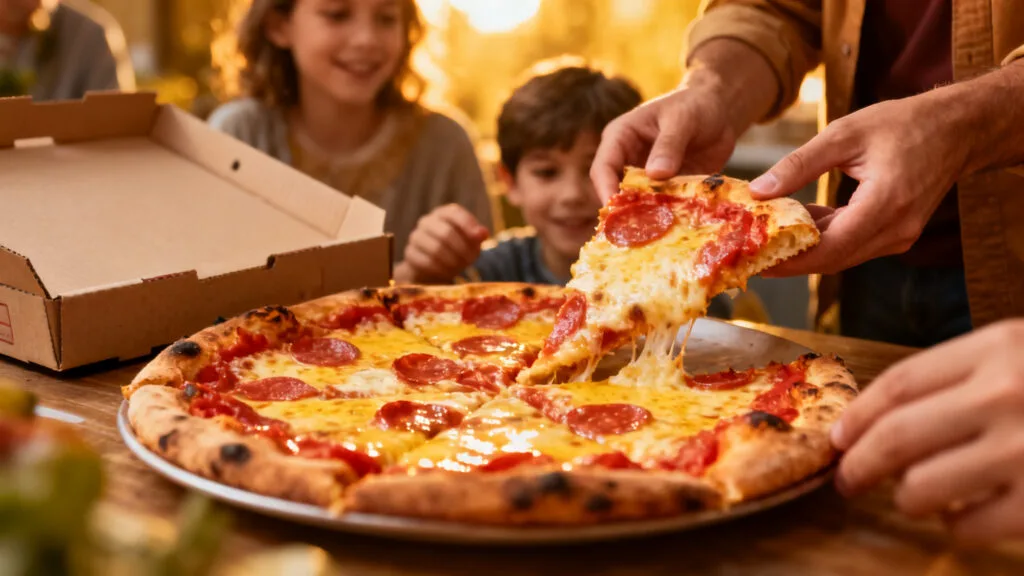 Pizza pâte fine servie rapidement, option à emporter