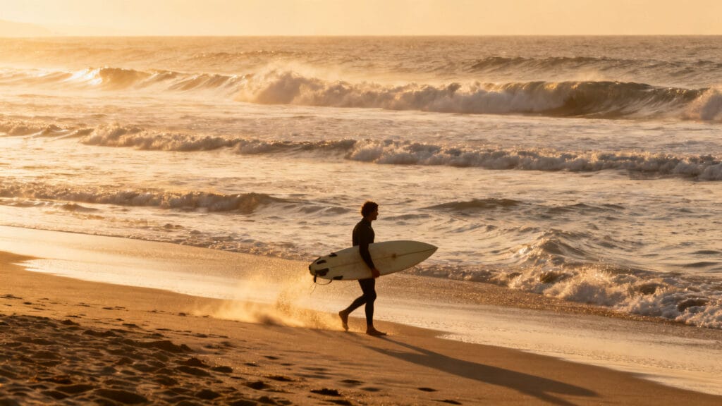 Plage atlantique dorée avec surfeur au coucher du soleil