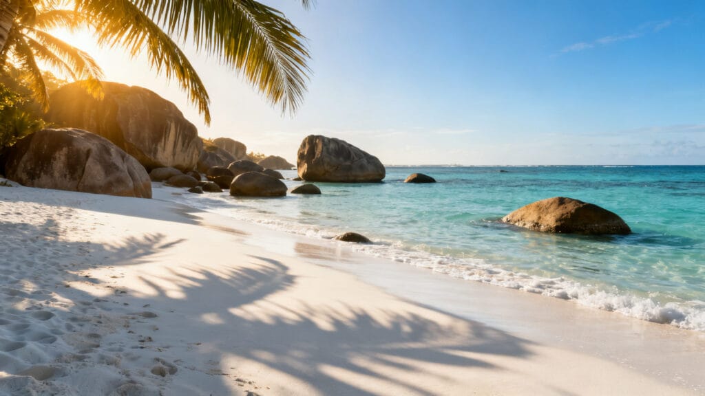 Plage aux rochers granitiques et eau turquoise chaude