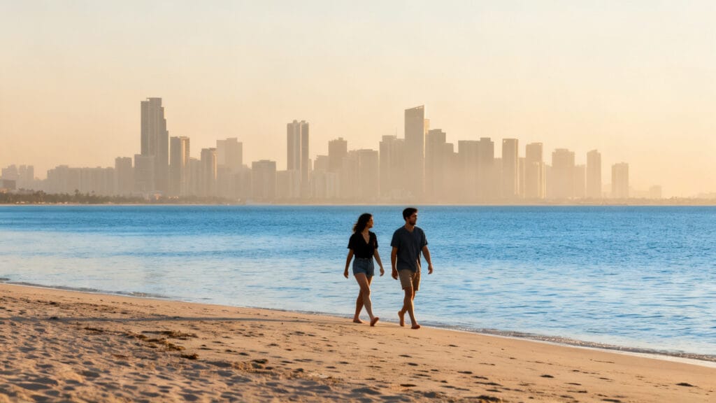 Plage urbaine et ciel doré pour city break soleil