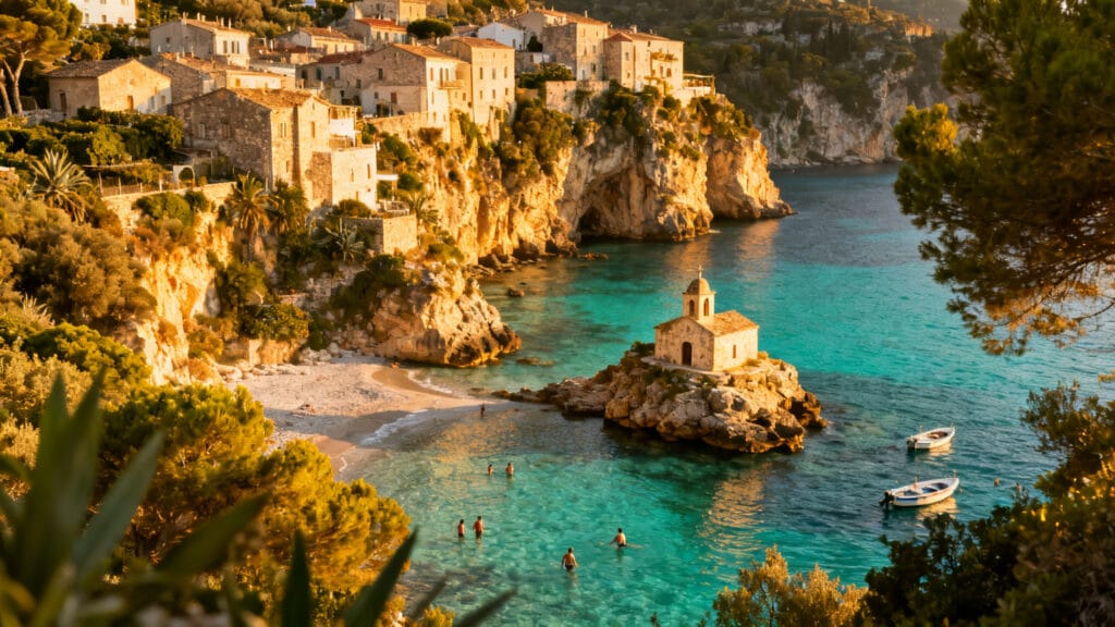 Crique turquoise et belvédère sur une côte de calabre