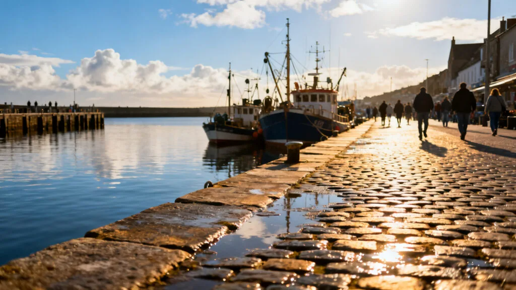 Quai, jetée et bateaux à marée montante sur la côte