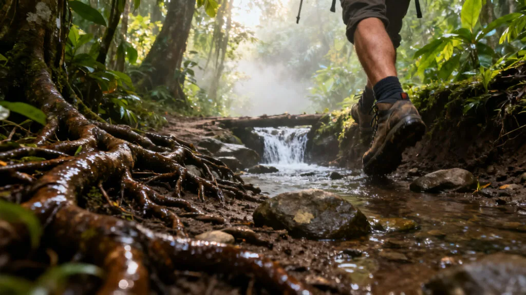 Sentier boueux près d’une cascade, terrain glissant en forêt tropicale