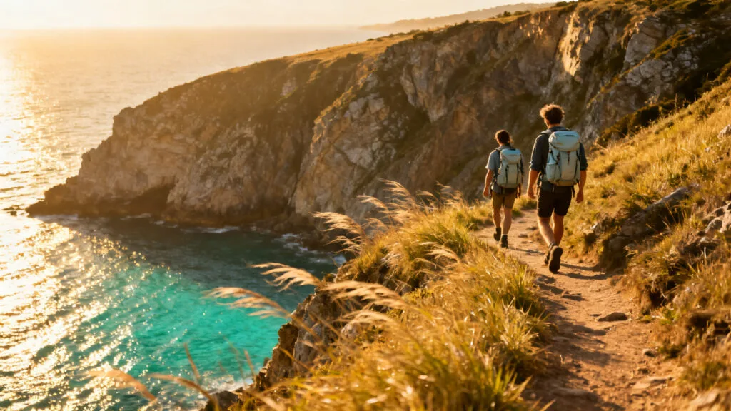 Marcheurs sur le GR34, falaises et mer turquoise au loin