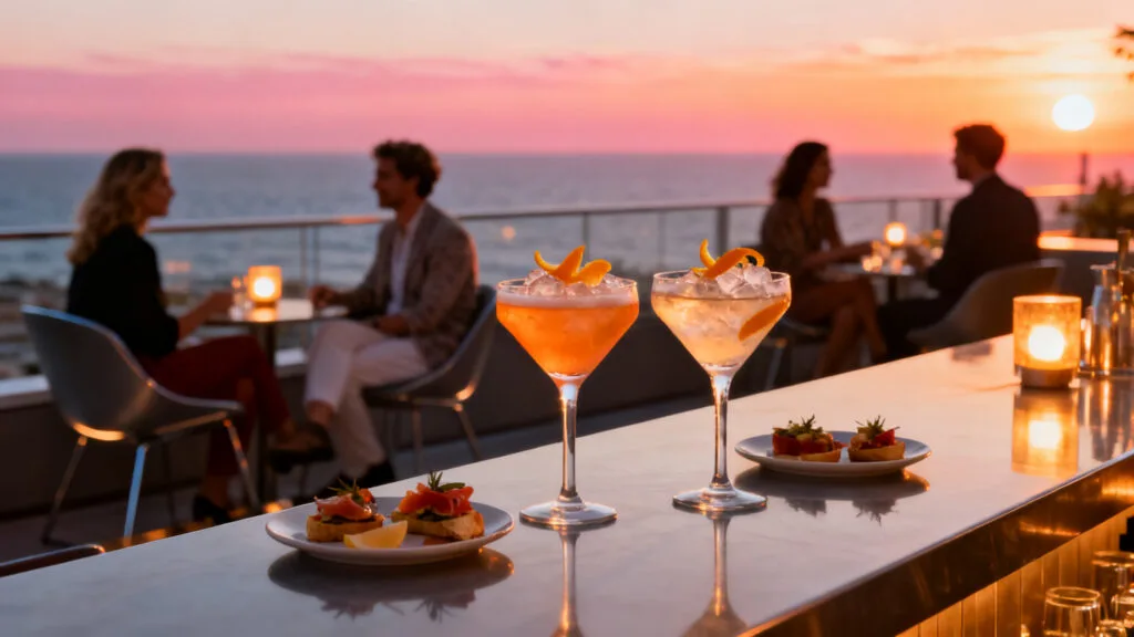 Cocktails sur rooftop avec panorama océan