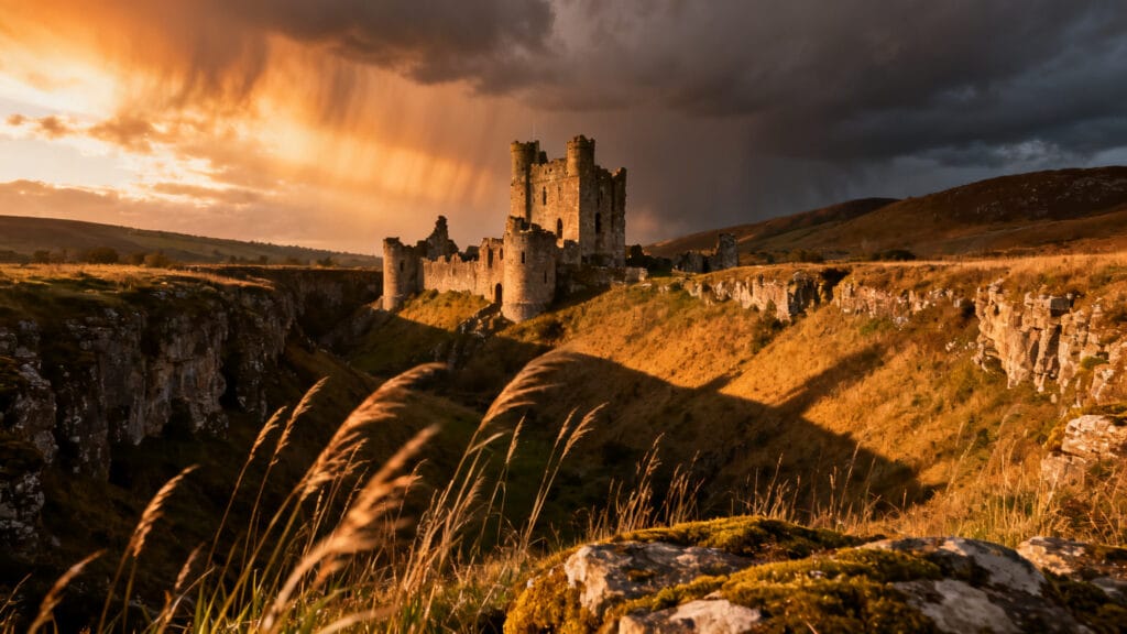 Ruines médiévales au crépuscule et échos de pas