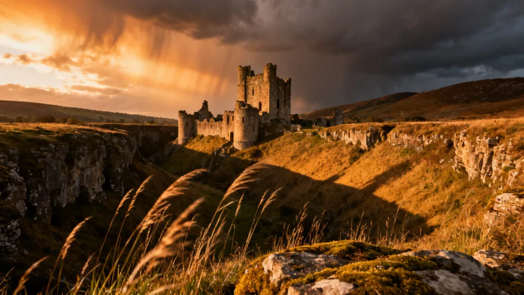 Ruines médiévales au crépuscule et échos de pas