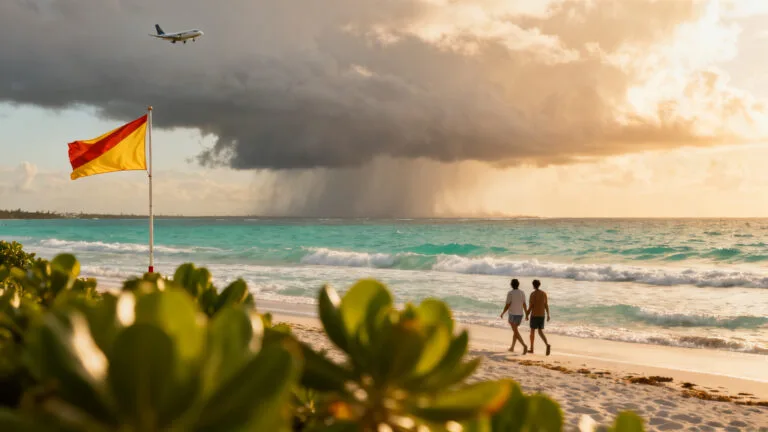 Plage tropicale, drapeau d’alerte et avion à Saint-Martin île dangereuse
