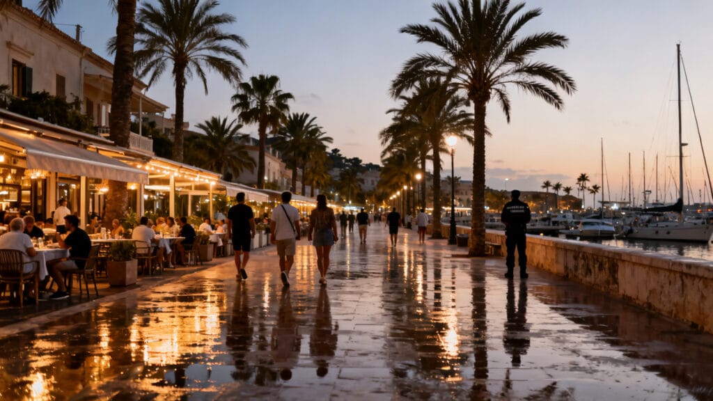Promenade éclairée en soirée, cafés et passants, zones animées sûres