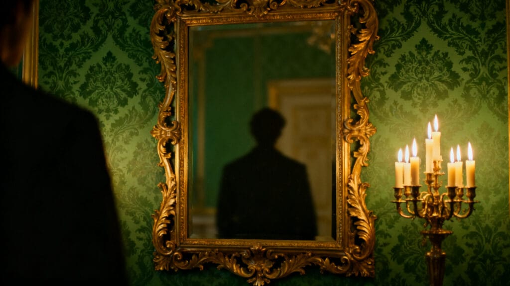 Salon ancien feutré, reflet discret et lueur verte