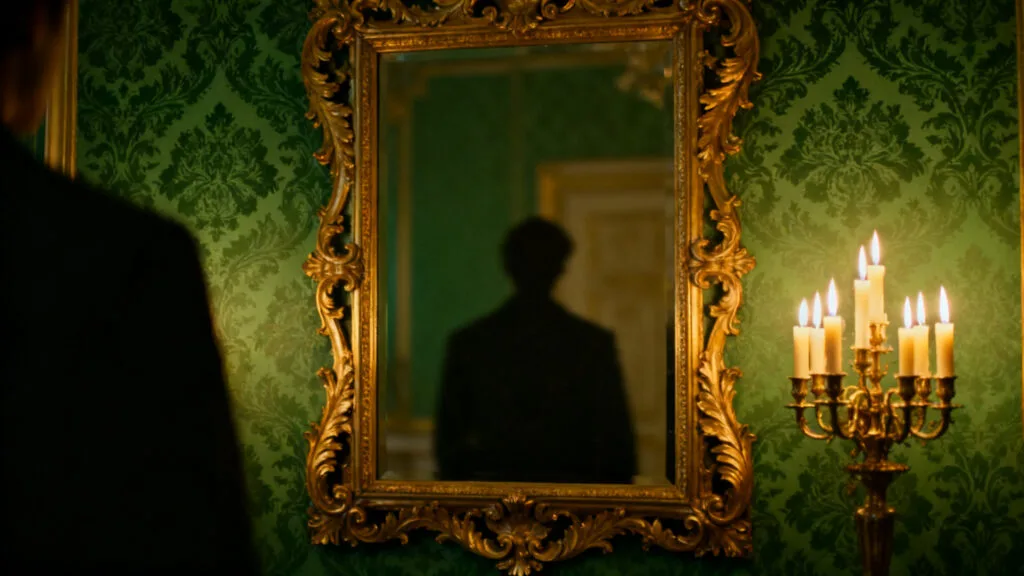 Salon ancien feutré, reflet discret et lueur verte