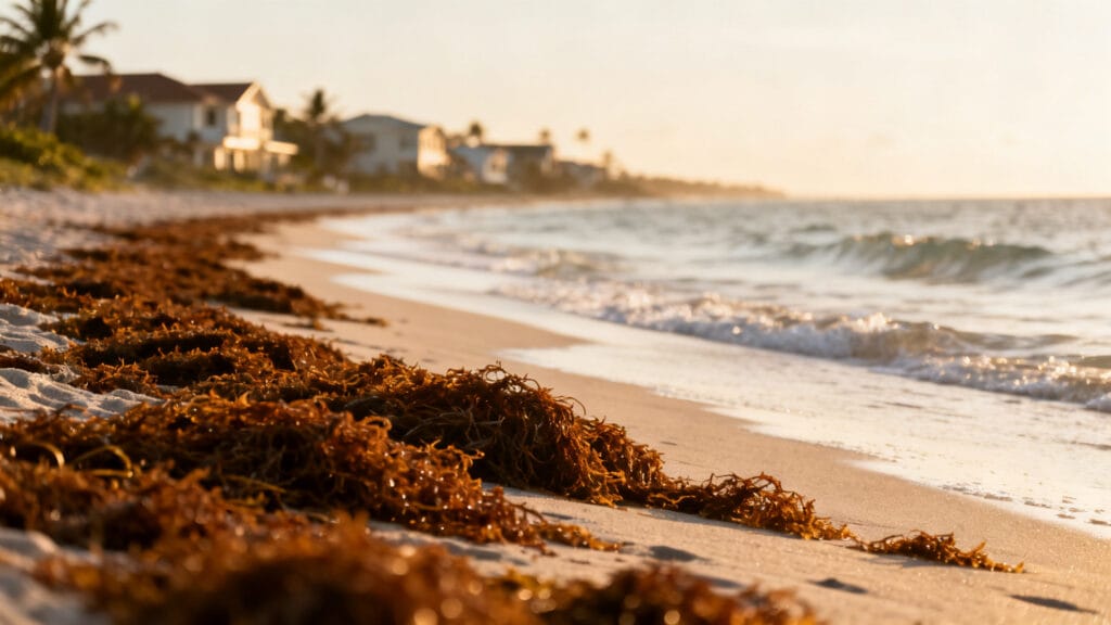 Sargasses accumulées sur une plage caribéenne, mer calme au matin