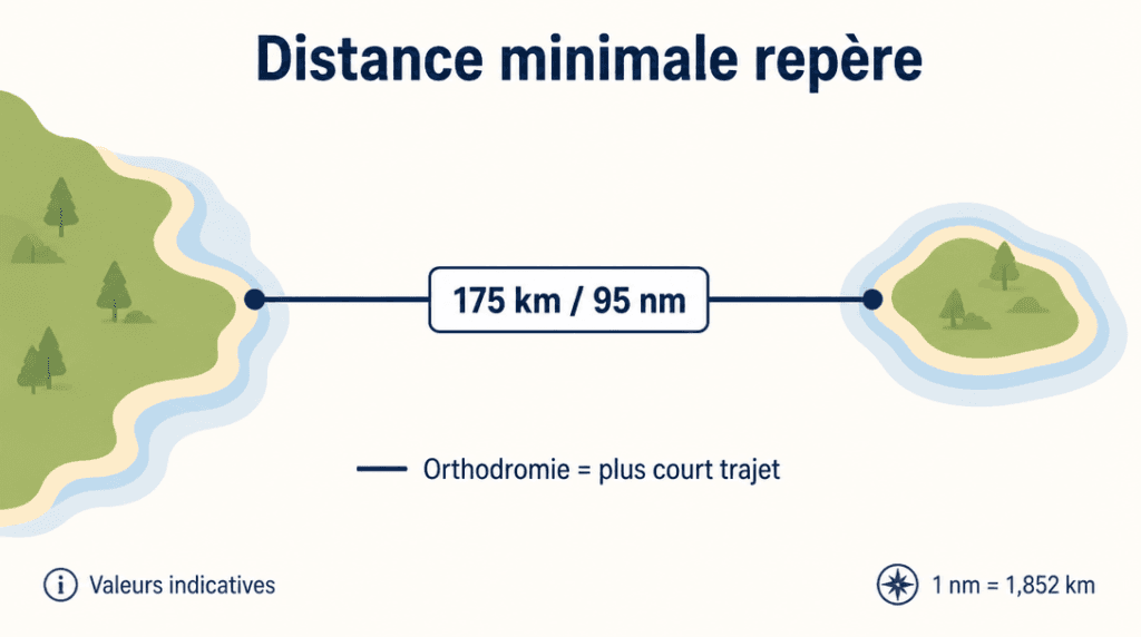 Schéma de la distance minimale à vol d’oiseau, 175 km et 95 nm