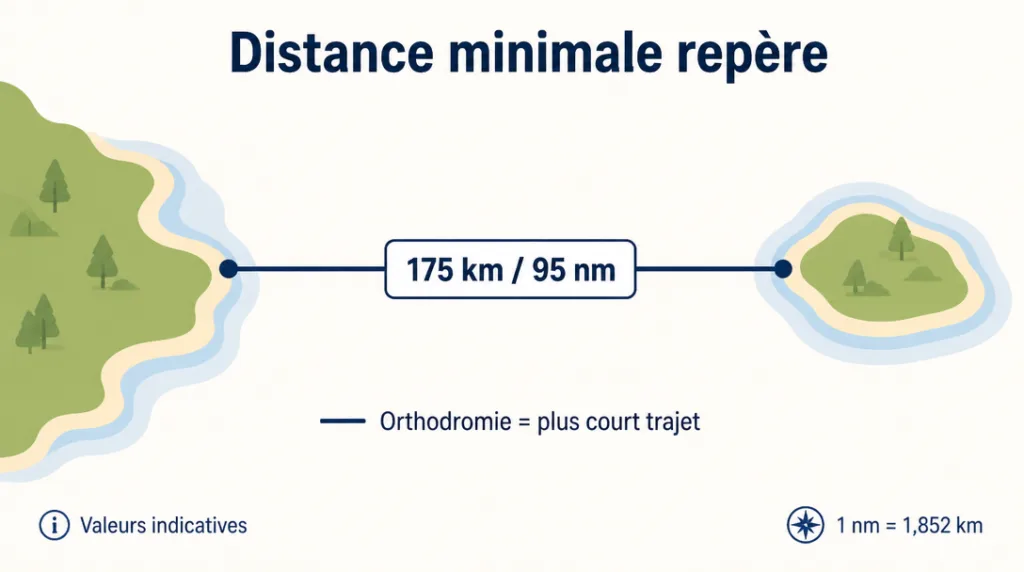 Schéma de la distance minimale à vol d’oiseau, 175 km et 95 nm