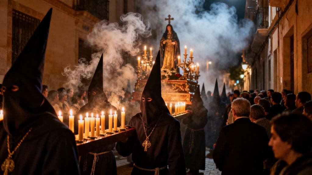 Procession nocturne aux cierges pendant la Semana Santa