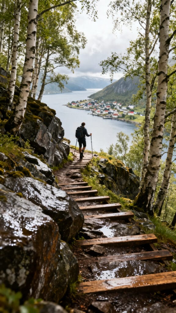 Sentier de randonnée raide avec marches, vue sur le fjord