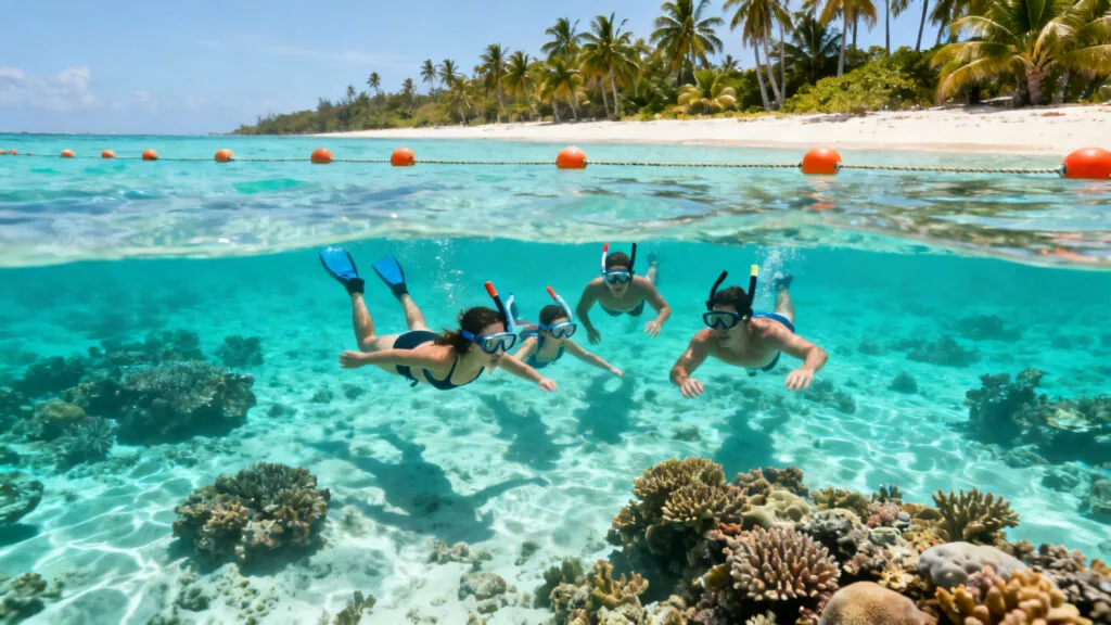 Famille en snorkeling dans un lagon balisé, plage famille Maurice