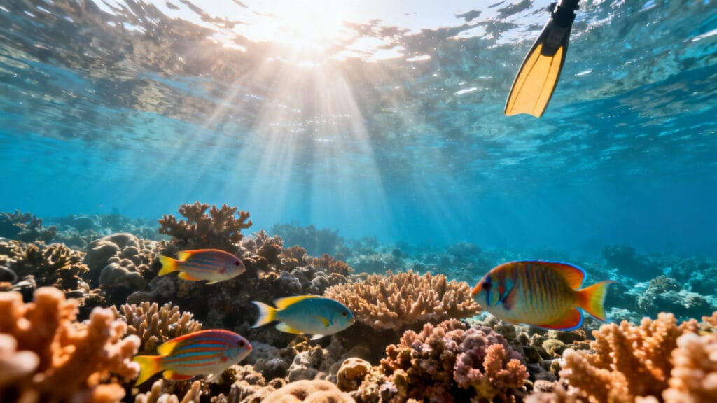 Récif corallien lumineux et poissons tropicaux en novembre