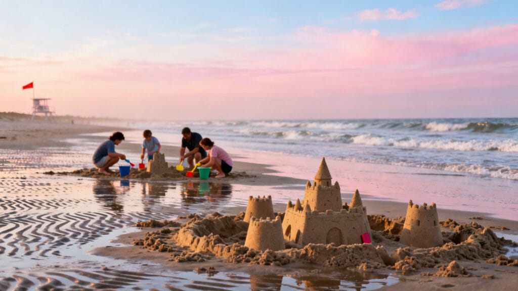 Plage de sable à marée basse, familles et petites vagues