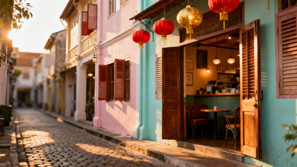 Ruelle sino-portugaise avec façades pastel et volets