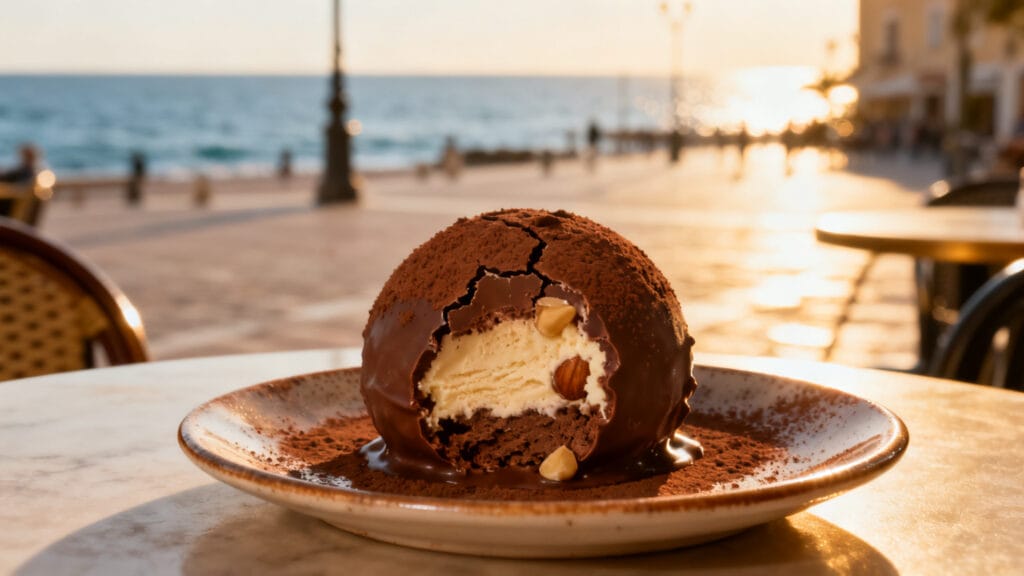 Tartufo artisanal dégusté sur une piazza côtière de calabre