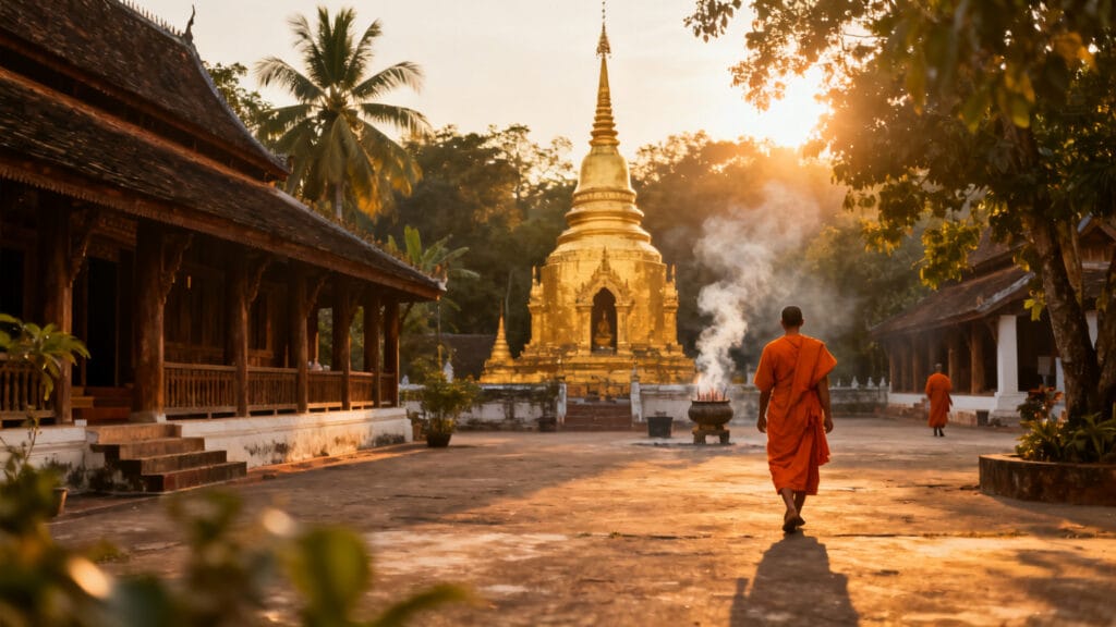 Temple bouddhiste à l’aube, moines et art Lanna