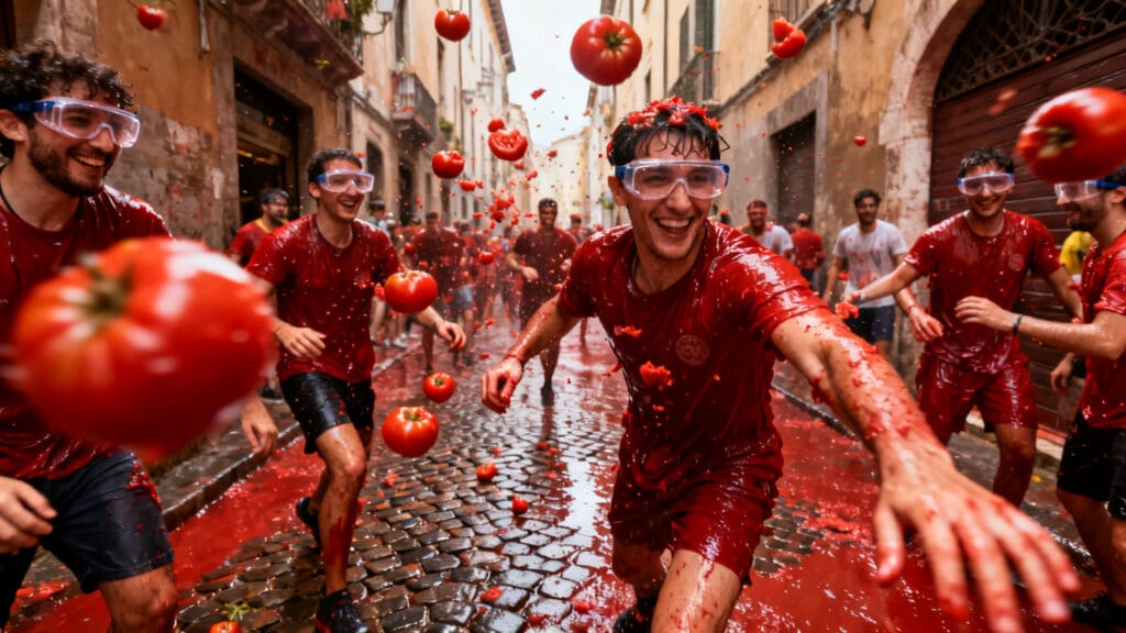 Bataille de tomates en rue lors de la Tomatina