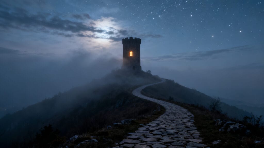 Tour médiévale brumeuse et rumeur de fantôme