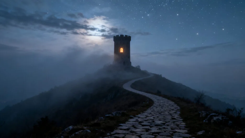 Tour médiévale brumeuse et rumeur de fantôme