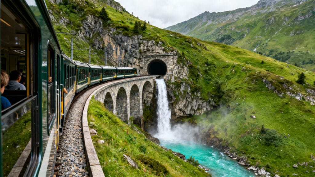 Train panoramique descendant vers le fjord, tunnels et cascade