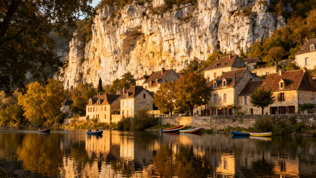 Village troglodytique au bord de la rivière, fin d’après-midi