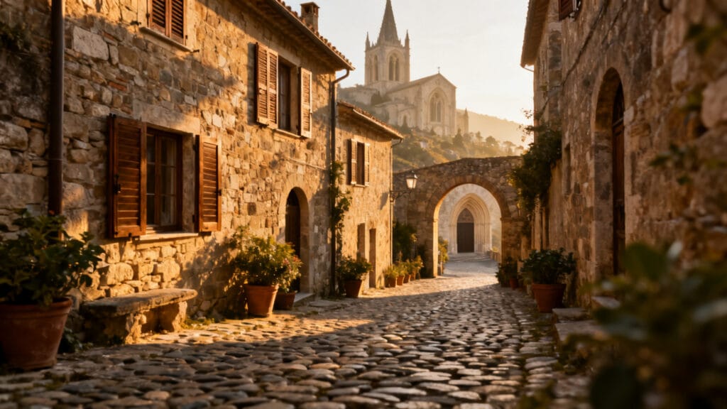 Ruelle pavée et façades de pierre dans un village de calabre