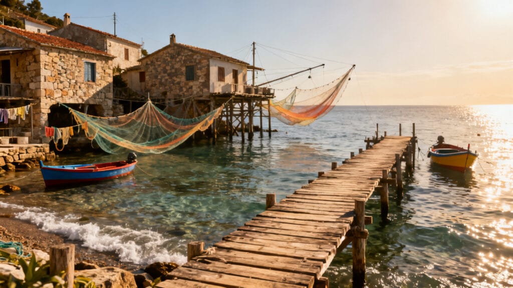 Maisons sur l’eau et barques dans un village de calabre