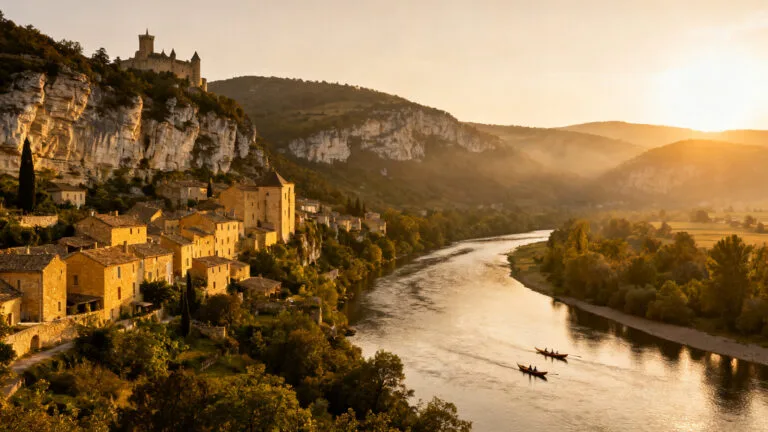 Panorama au coucher du soleil pour une visite de la Dordogne