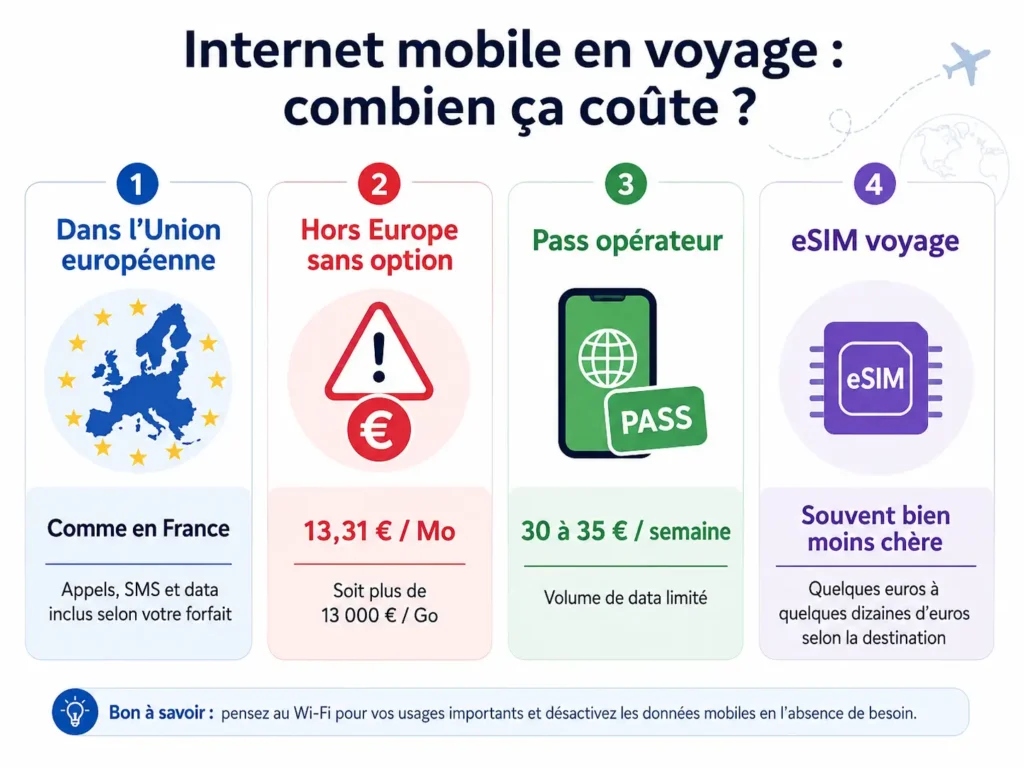 Comparatif des coûts mobiles : UE, hors UE, pass, eSIM