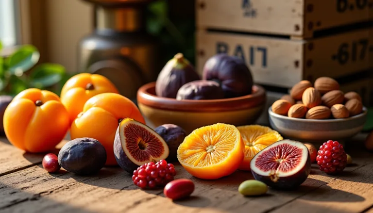 Figues coupées, agrumes, baies et noix en coque sur table.