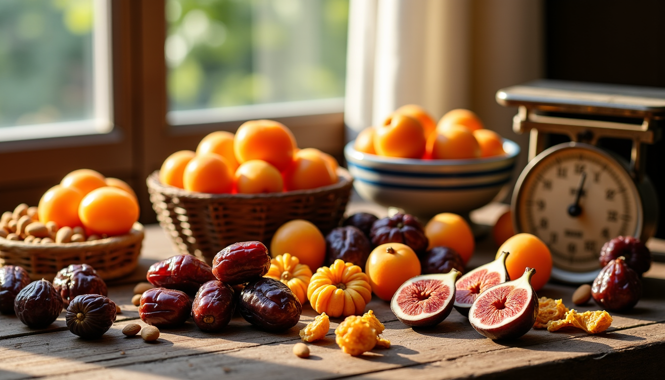 Figues coupées, dattes et petits agrumes près d’une balance