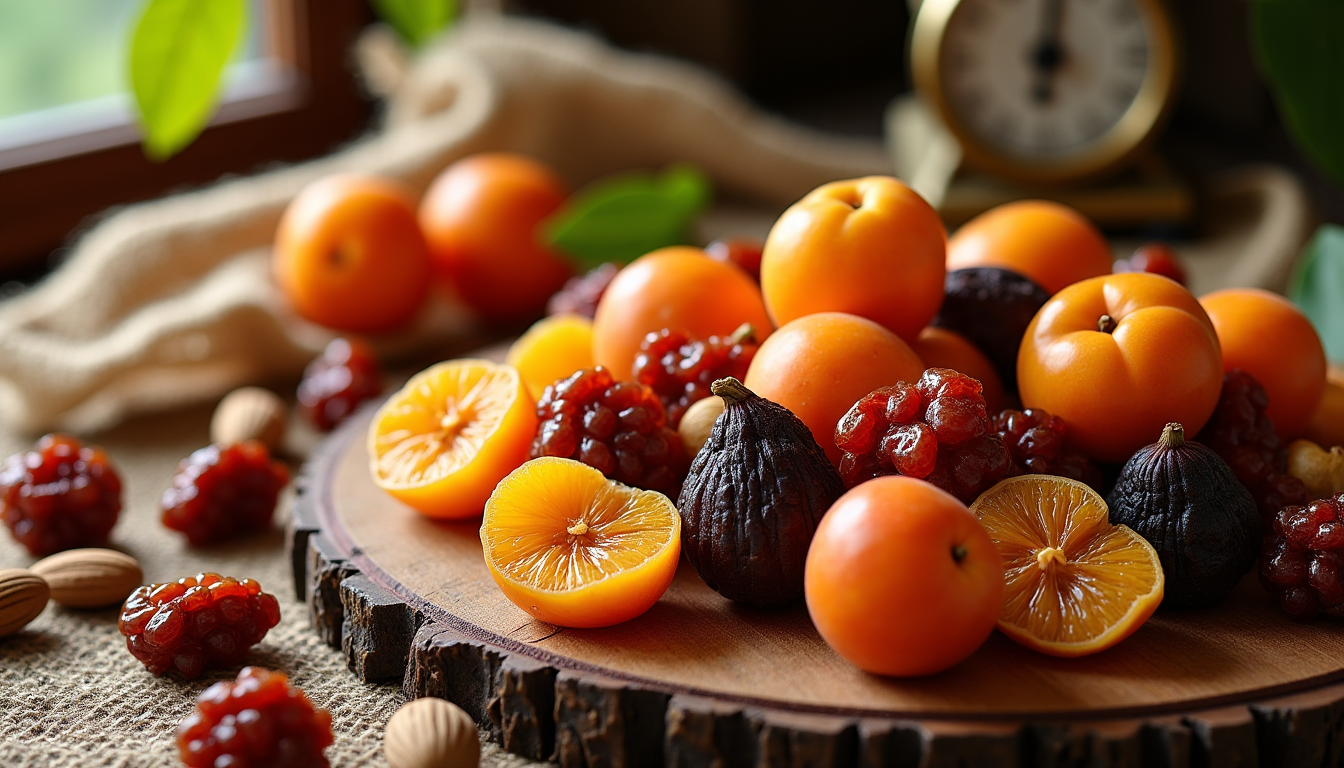 Kumquats coupés, figues séchées et amandes sur planche rustique