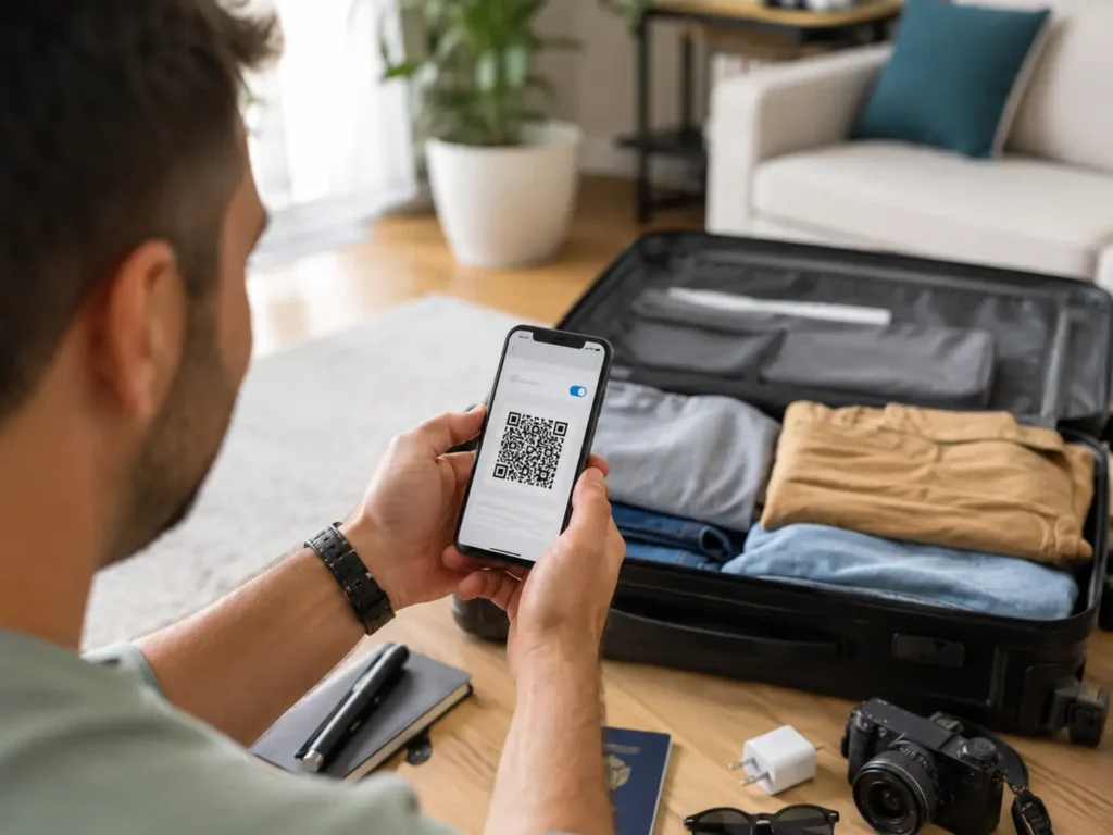Smartphone affichant un QR code, valise ouverte et passeport