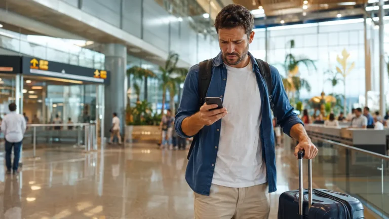 Voyageur au terminal lisant son smartphone, valise à la main