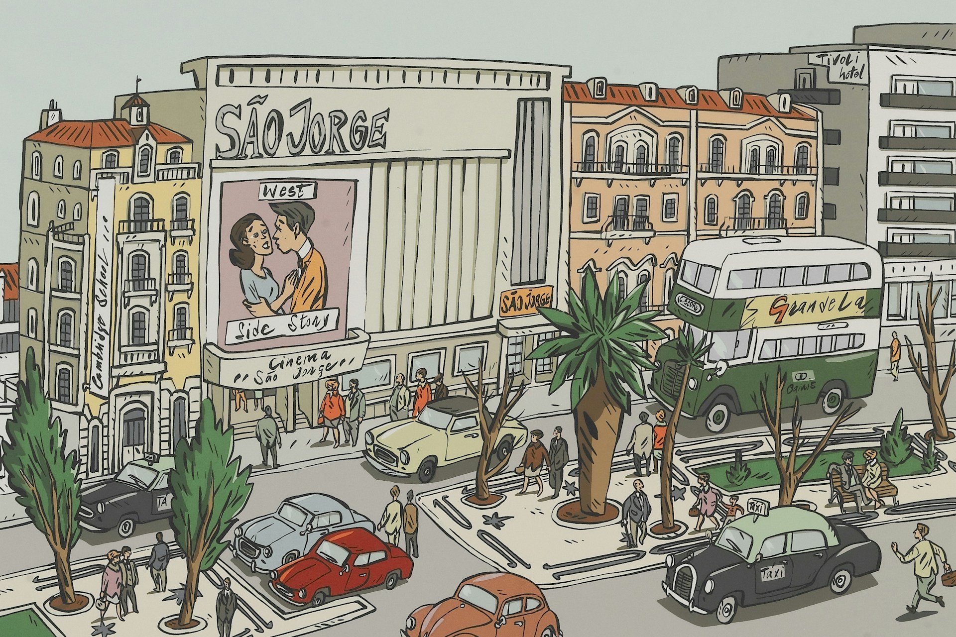 Cinéma São Jorge, bus à impériale, passants et voitures anciennes