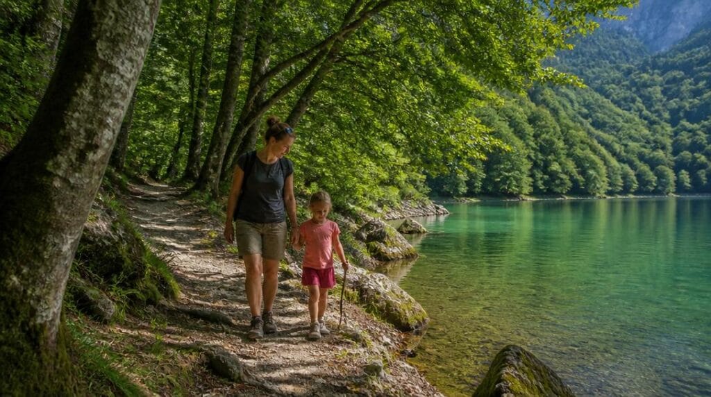 Promenade familiale sur un sentier au bord du lac