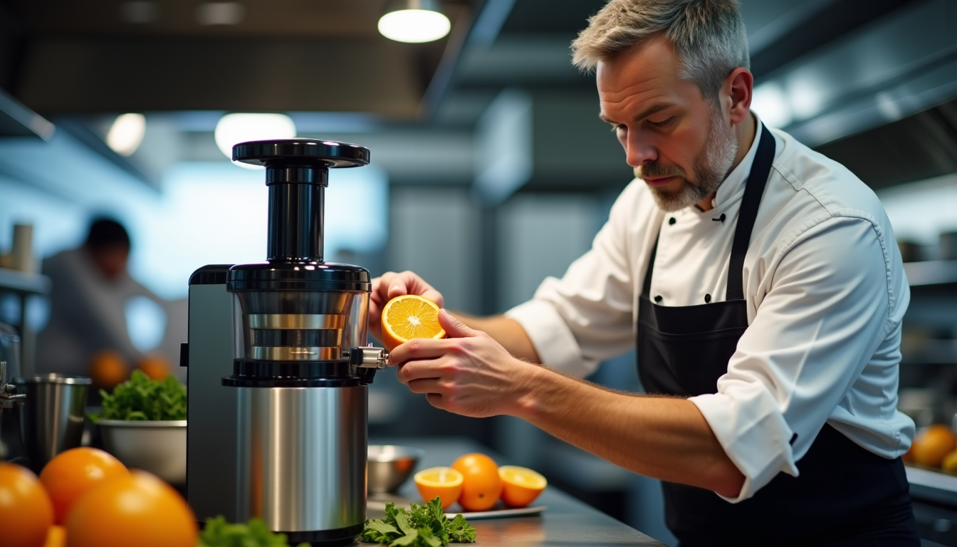Chef utilisant un presse-agrumes automatique en cuisine professionnelle