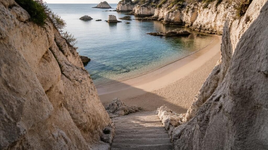Crique abritée avec escalier dans les falaises