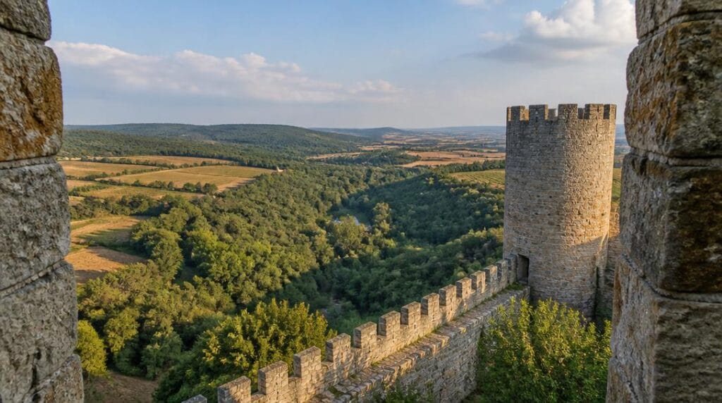 Tours médiévales ouvrant sur une vue de vallée